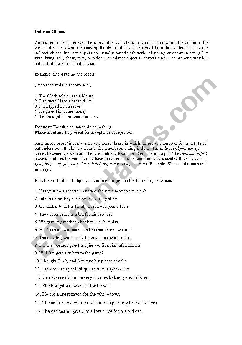 Indirect objects worksheet