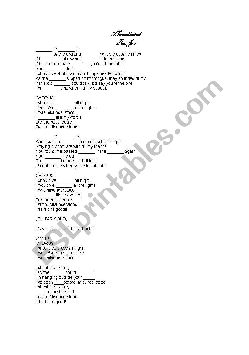 misunderstood - Bon Jovi worksheet