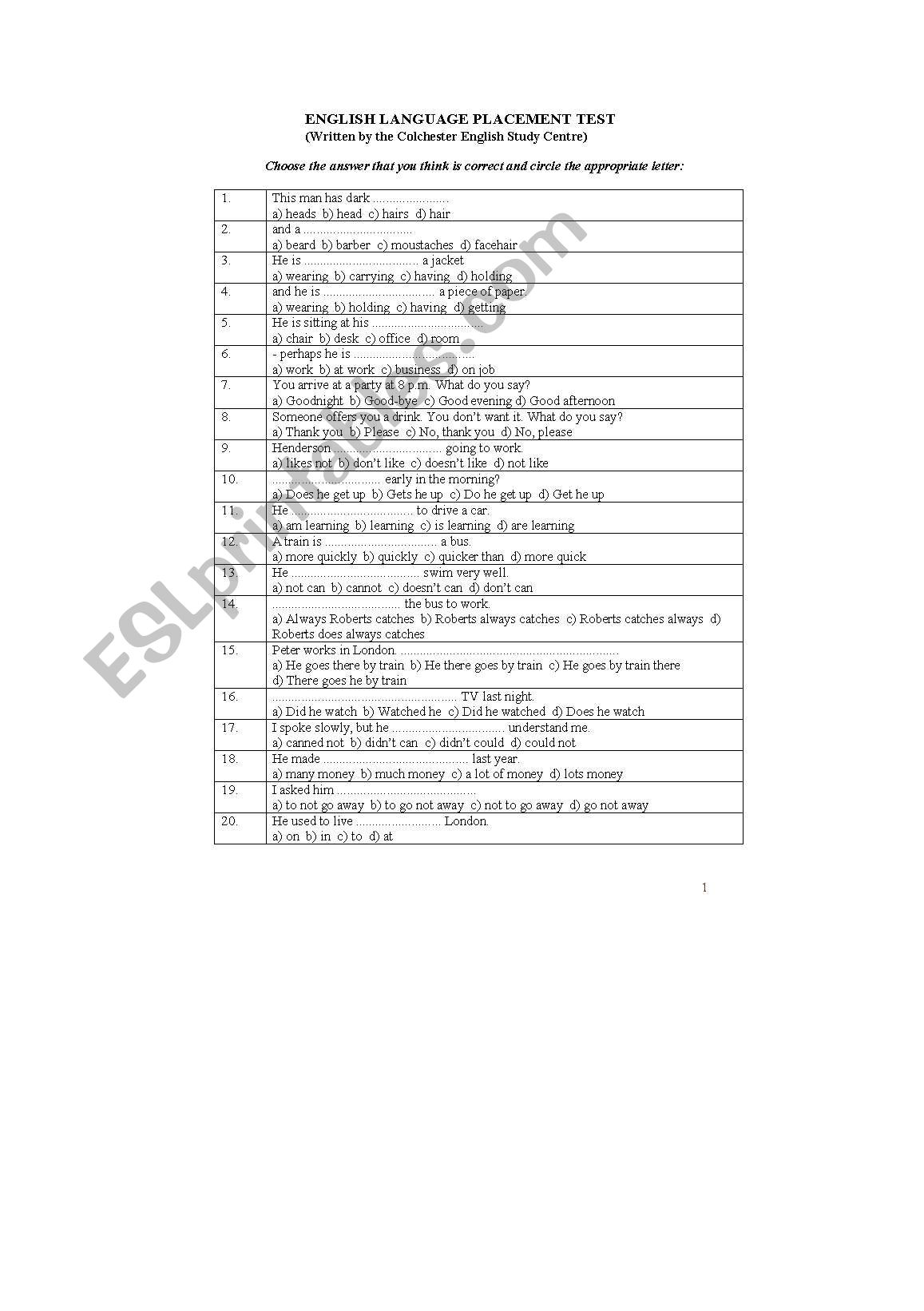 Stand and placement test worksheet