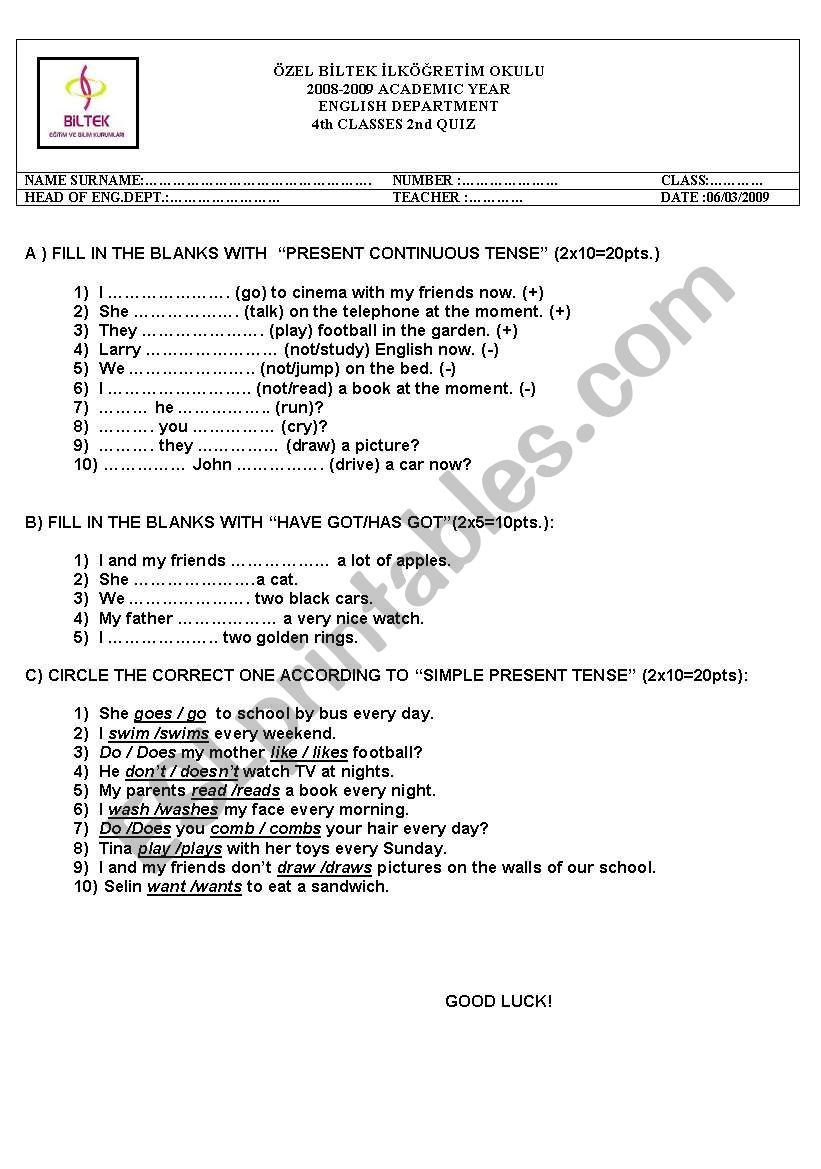 4th classes revson quz worksheet