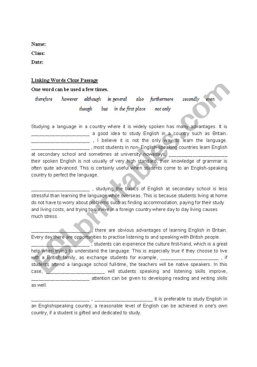 Cloze passage on linking words