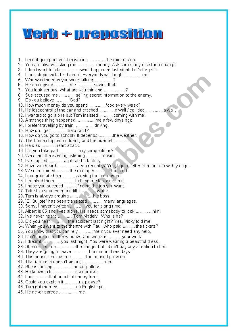  Verbs + preposition worksheet