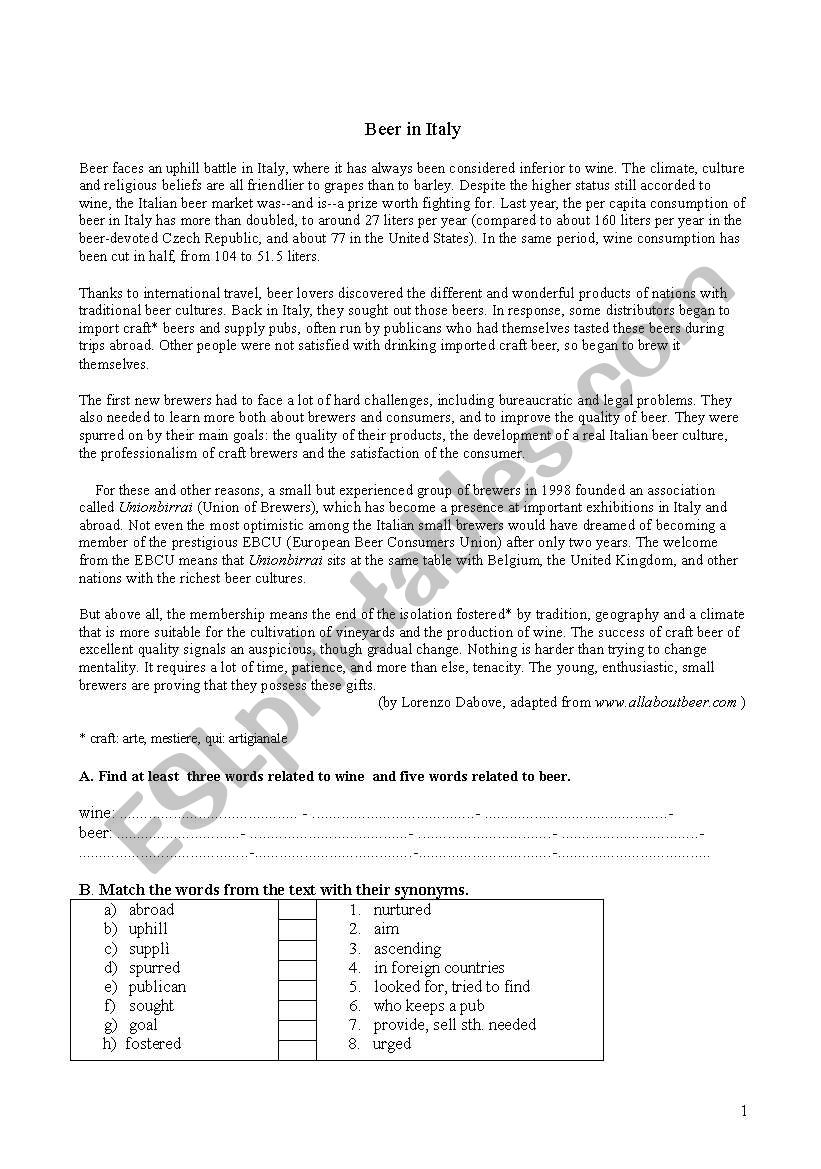 Beer in Italy worksheet