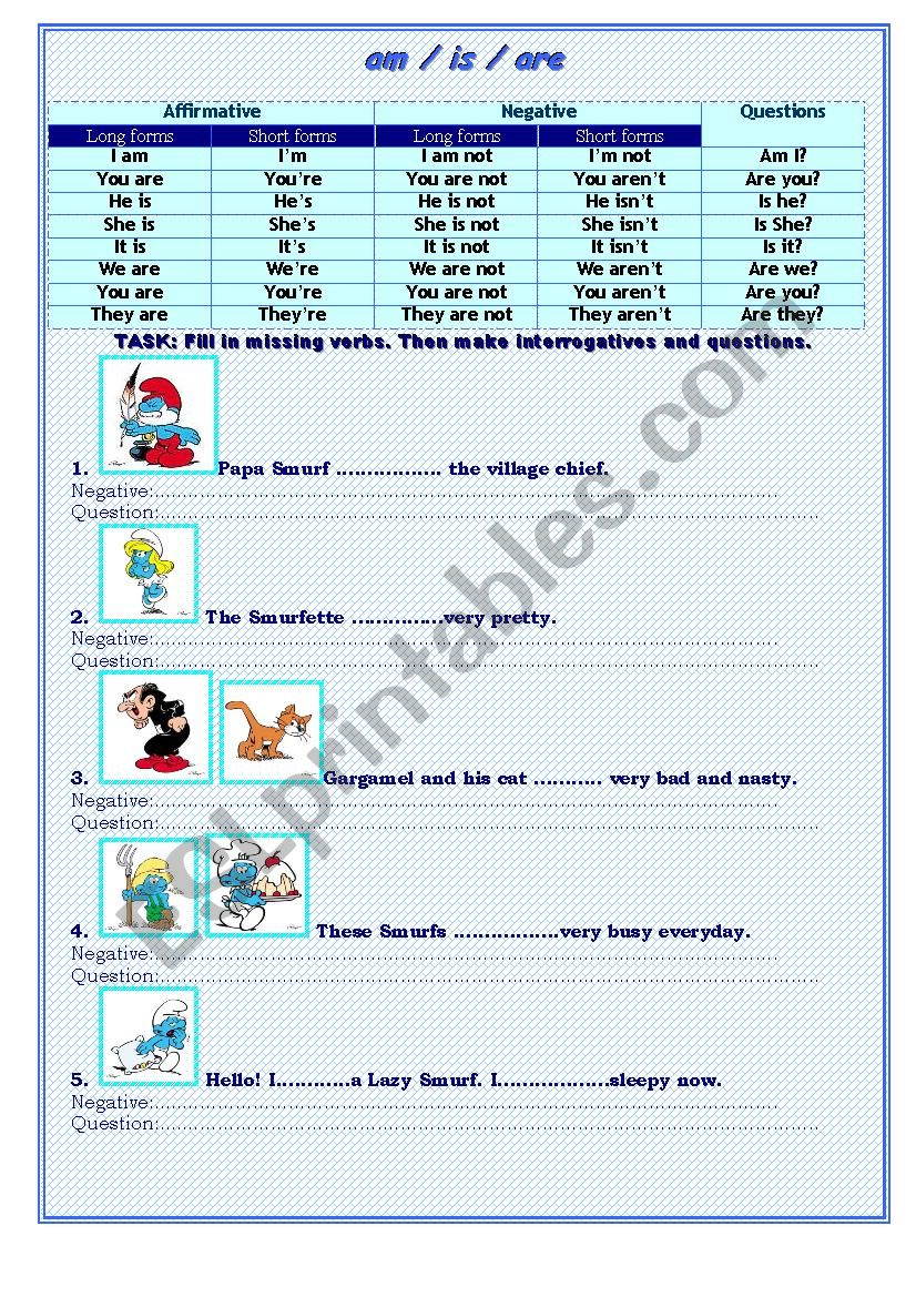 AM / IS / ARE - to be verb explanation and exercise with Smurfs.