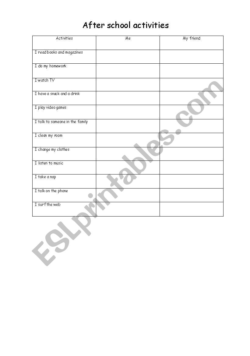 after school activities worksheet