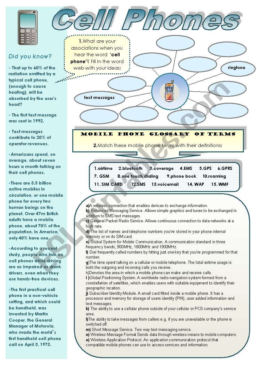 CELL PHONES! - SUPER SET ( 4 pages of different activities on mobile phones topic including interesting facts, matching vocabulary activities, reading comprehension and an amazing trivia quiz!)With answer keys