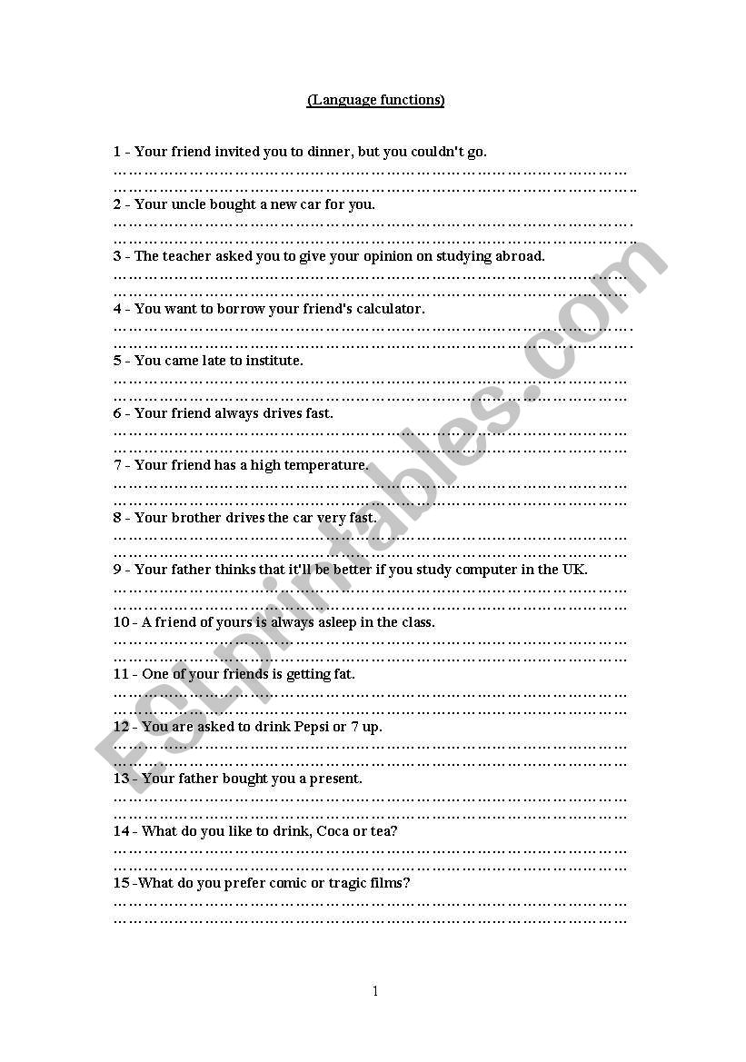 Language functions worksheet