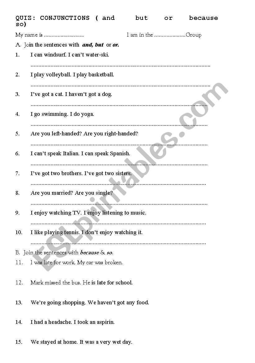 Conjunctions Quiz worksheet