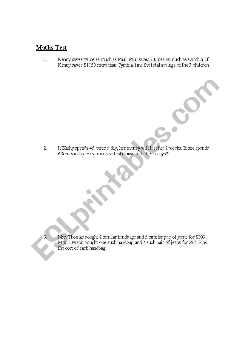 Maths Questions worksheet