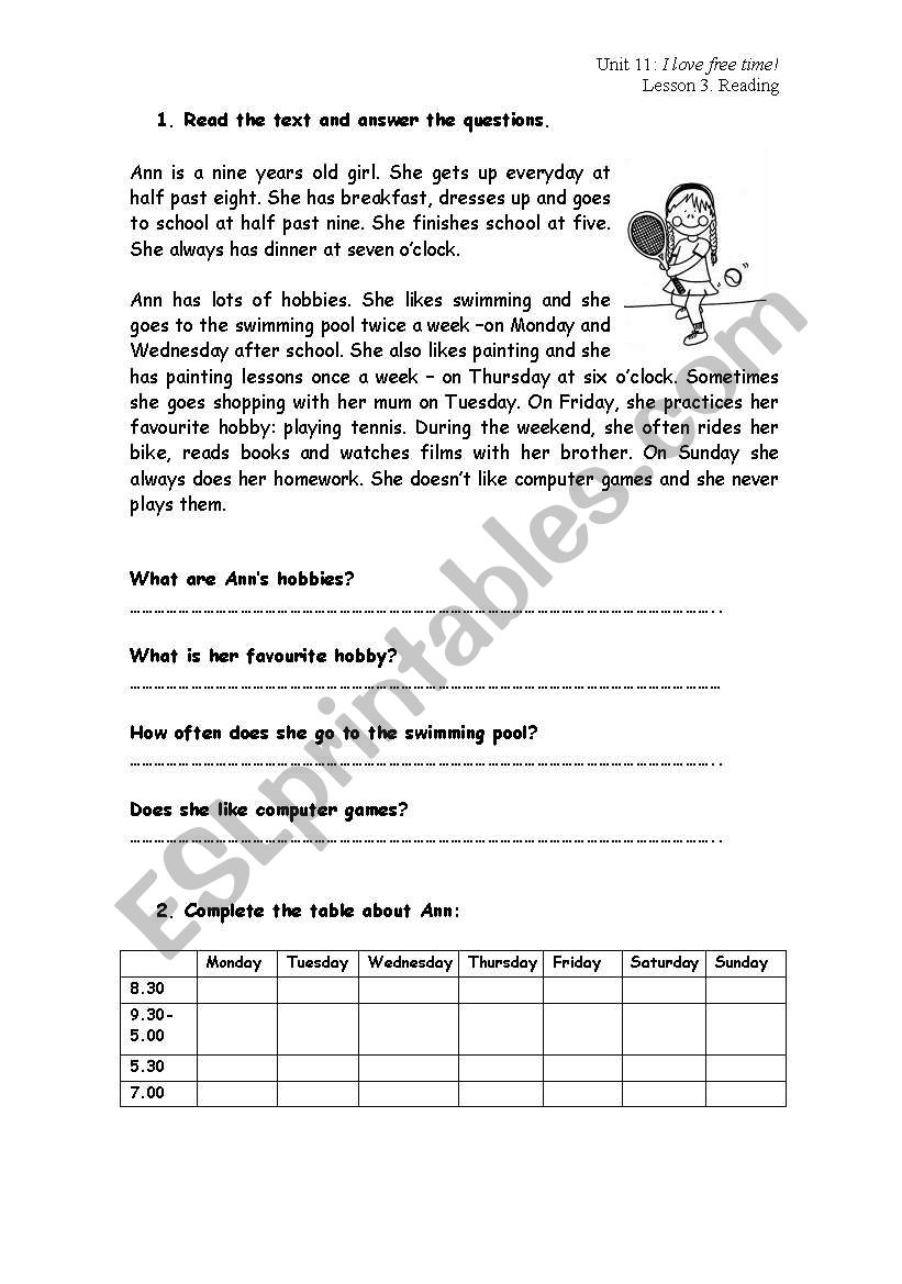 FREE TIME worksheet