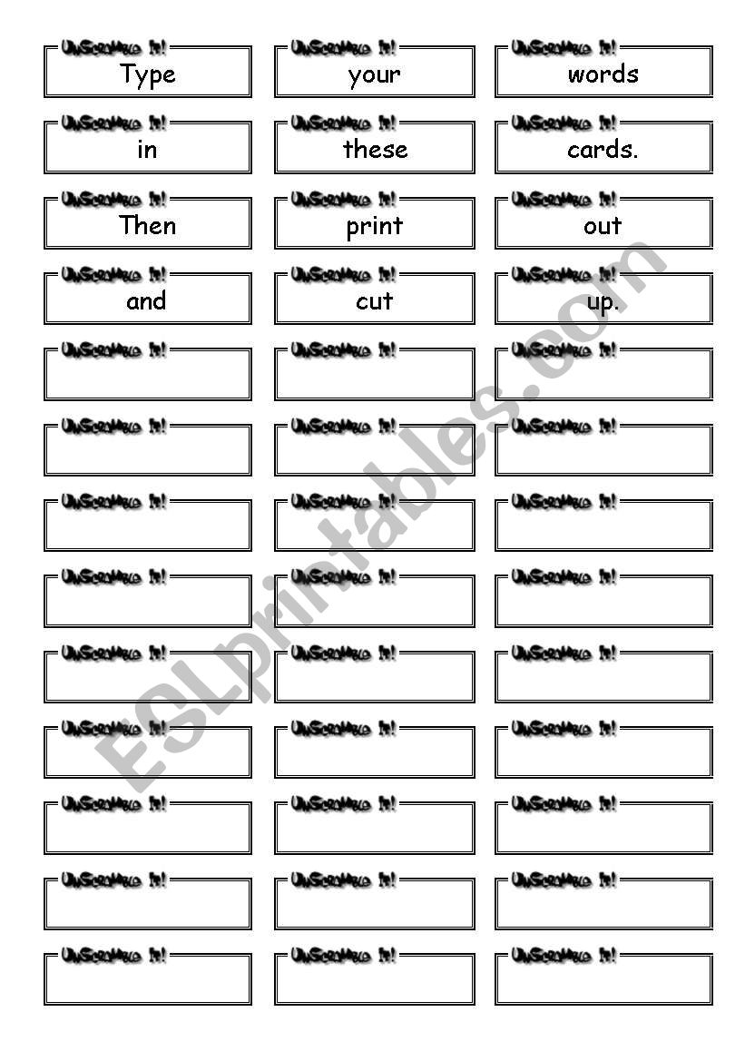 unscramble cards table worksheet