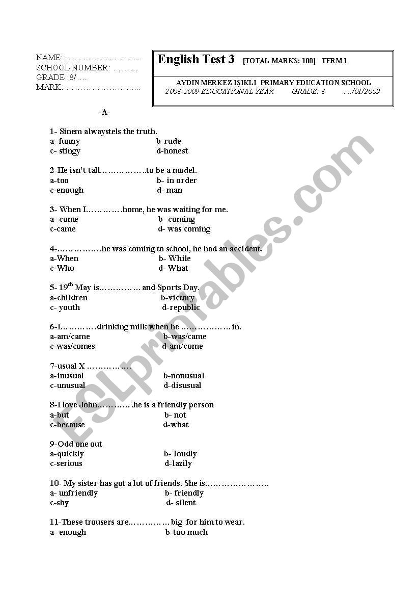 example of exam worksheet