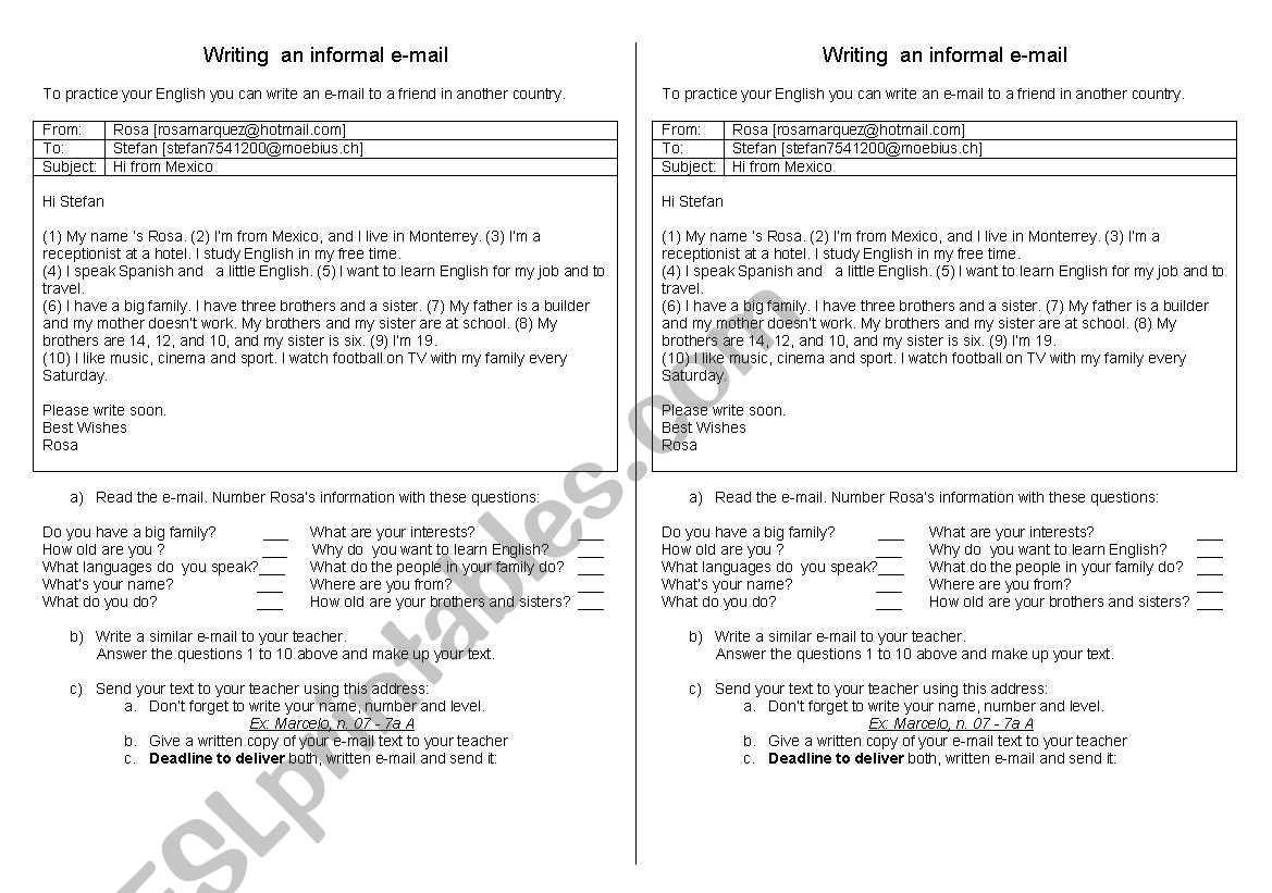 Writing  an informal e-mail worksheet