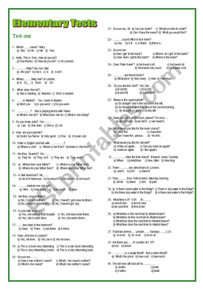  Elementary Tests worksheet