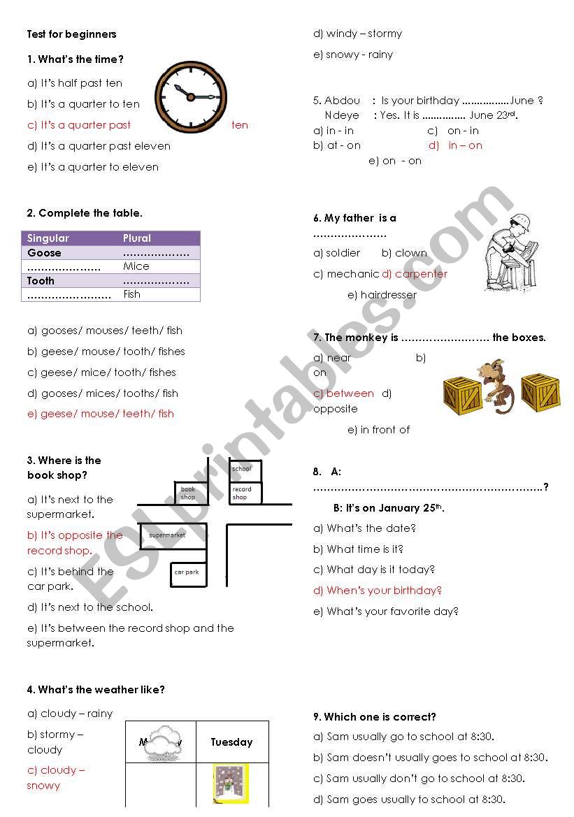exams worksheet