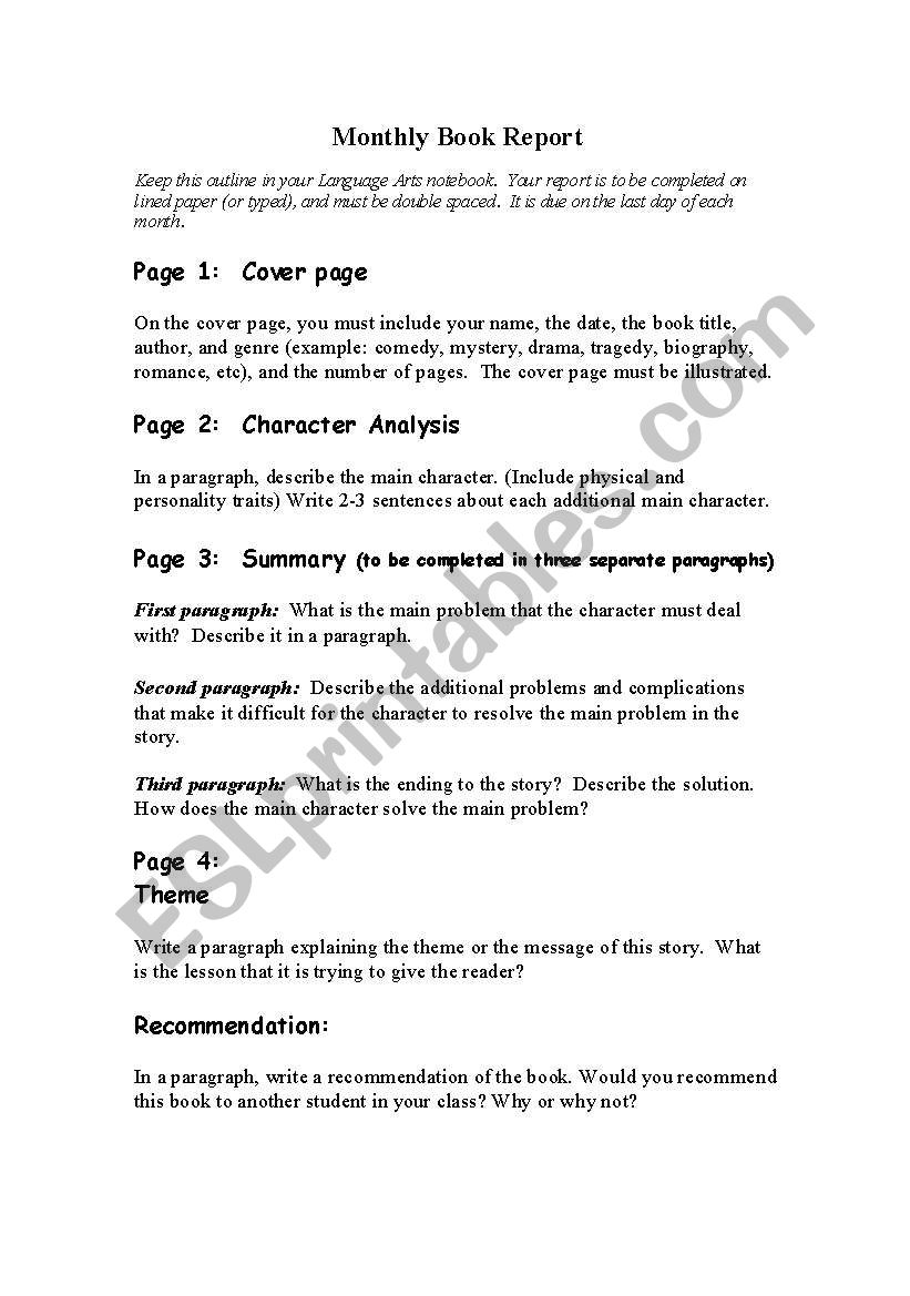 Monthly Book Repot worksheet