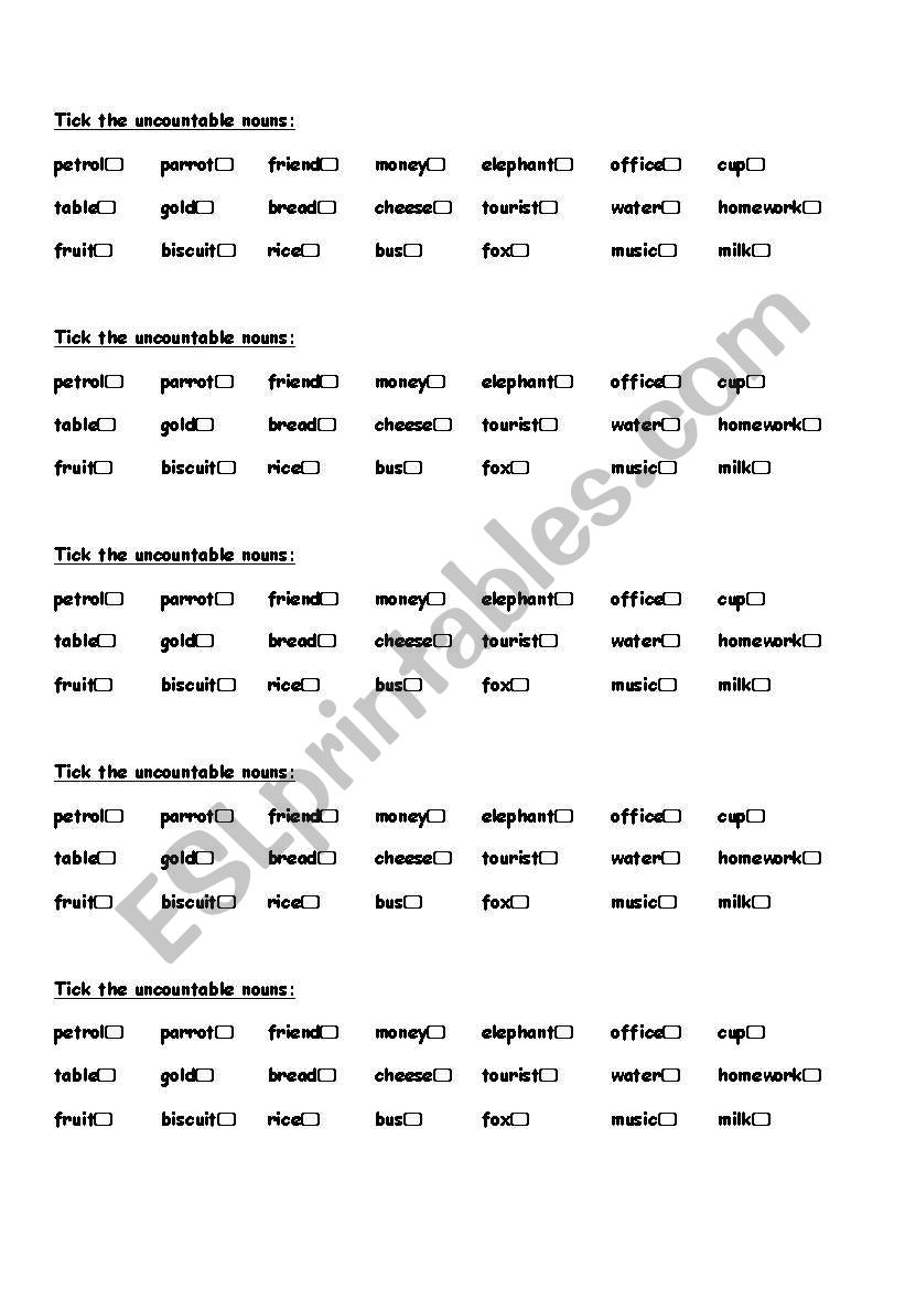 uncountables worksheet