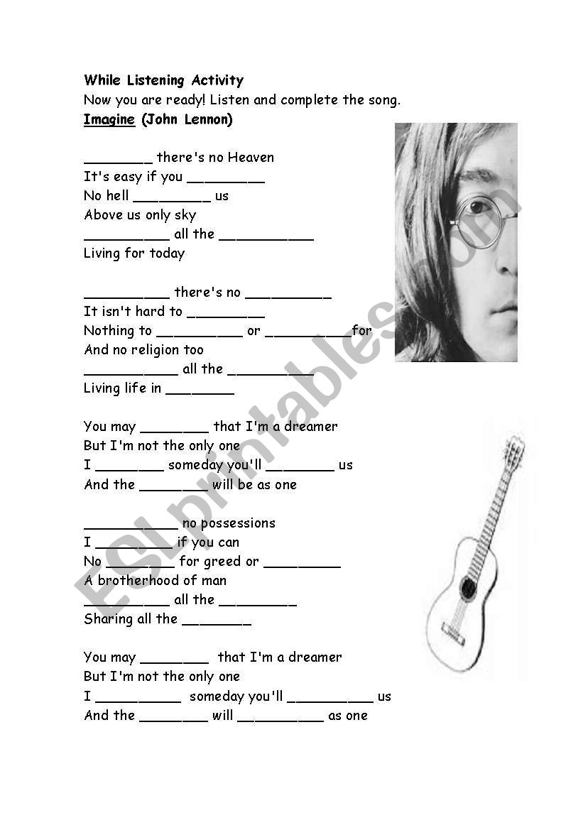 imagine song worksheet