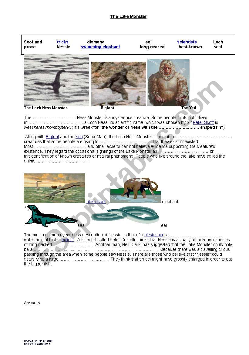 The lake monster worksheet