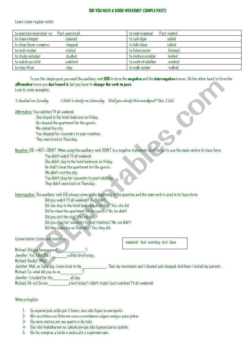 Simple past extra practice worksheet.