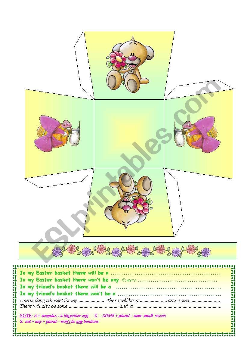 4 original ADAPTABLE Spring / Easter Baskets (Color / BW) + There will be + Prepositions (Future) + coloring Intructions + Easter Card ((5 PAGES))