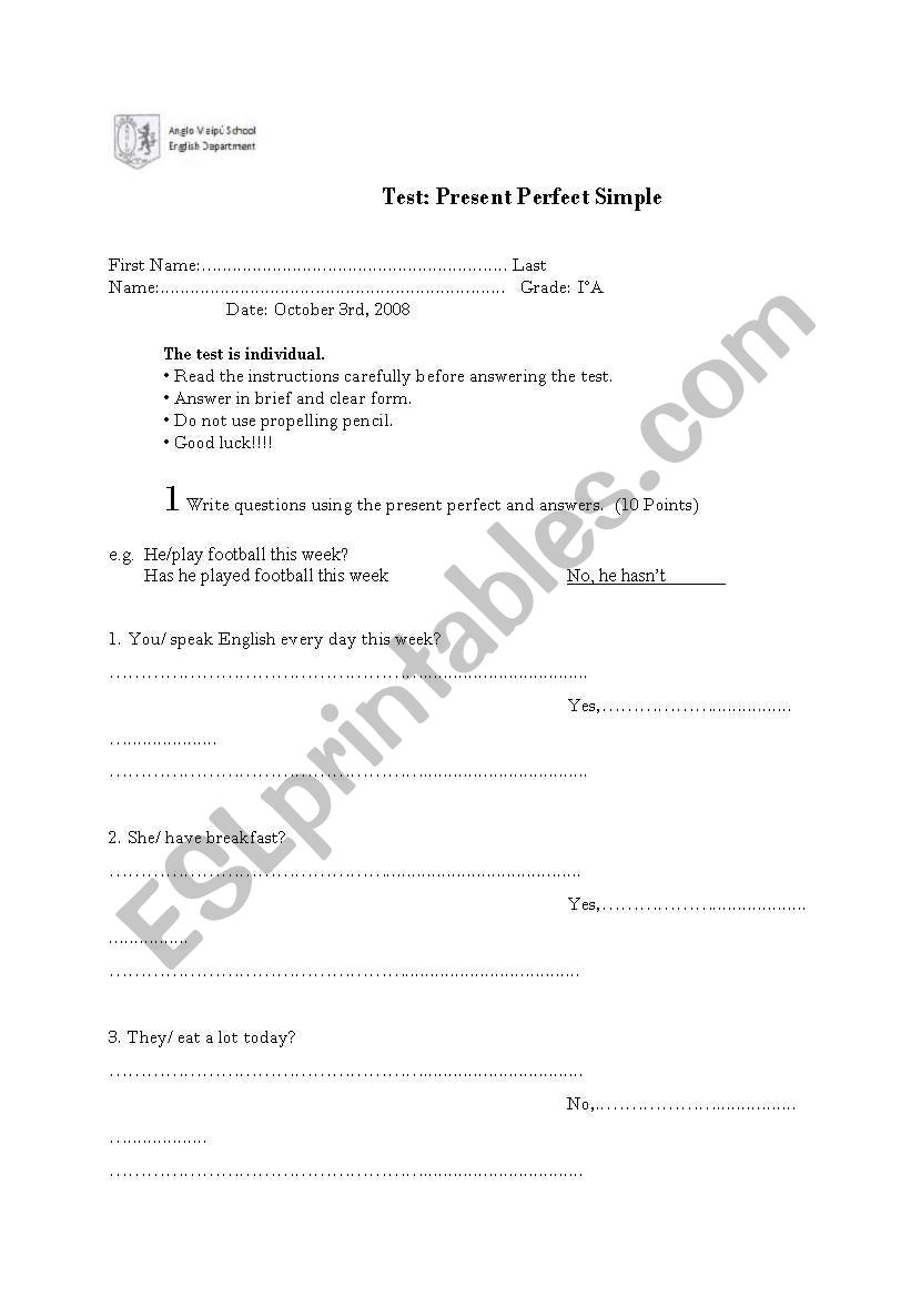 Present perfect worksheet