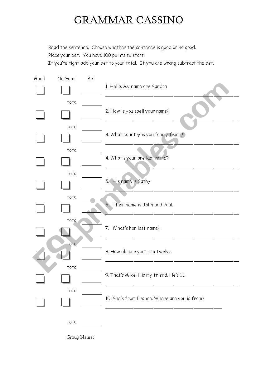 Grammar Cassino worksheet