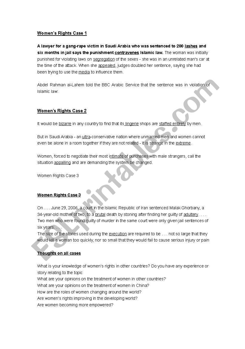 WomenÂ´s Rights  worksheet