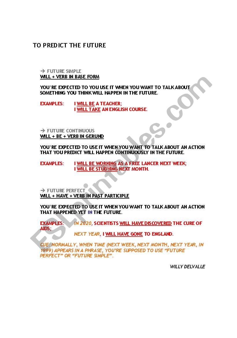 PREDICTING THE FUTURE worksheet