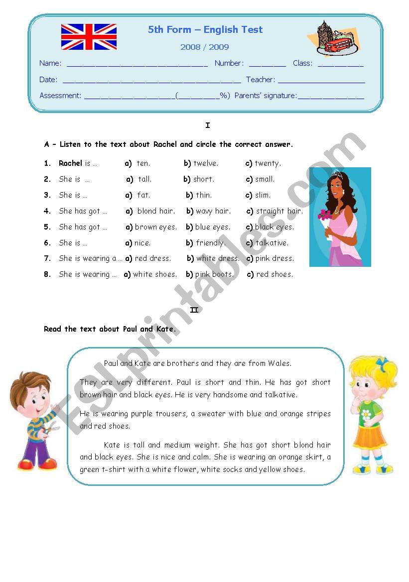 Test about parts of the body, clothes, describing people_part I