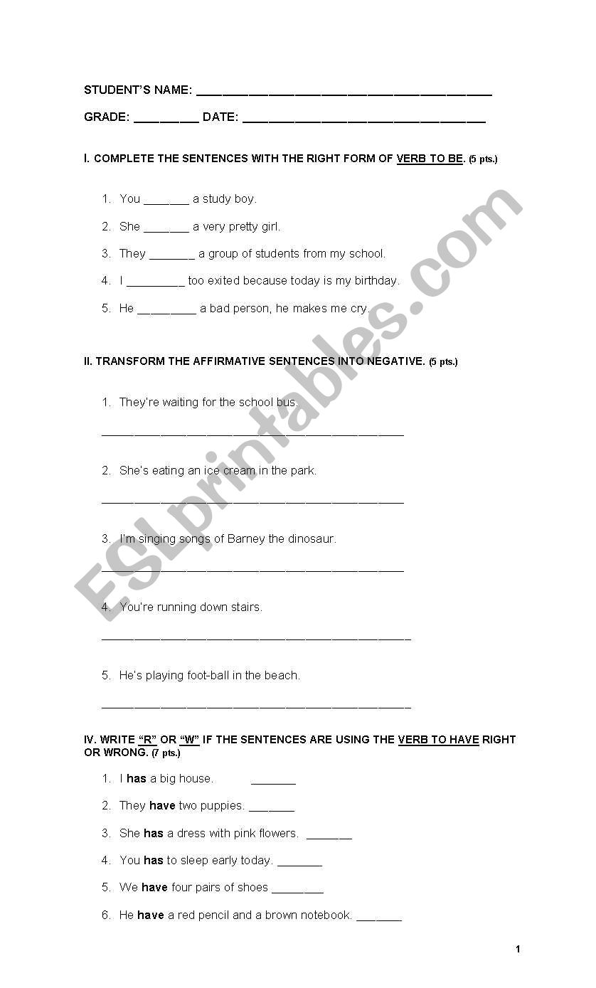 verb to be and verb to have worksheet