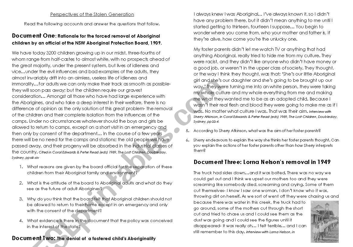 Aboriginal stolen generatios worksheet