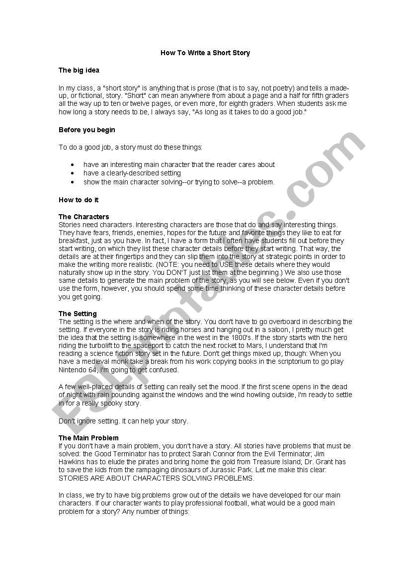 How To Write a Short Story worksheet