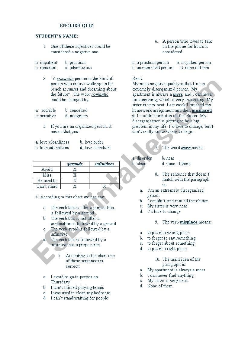 adj, gerunds, infinitive worksheet