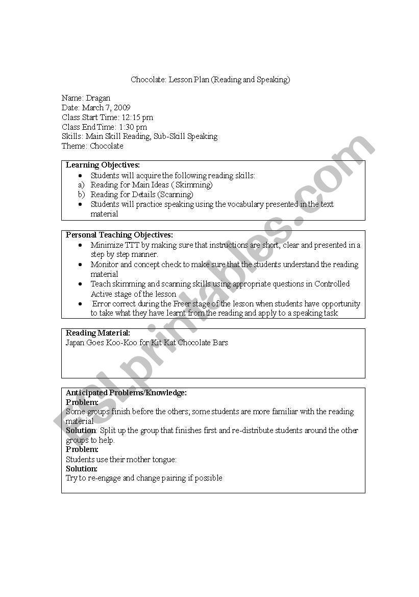 Chocolate-Reading Lesson Plan worksheet