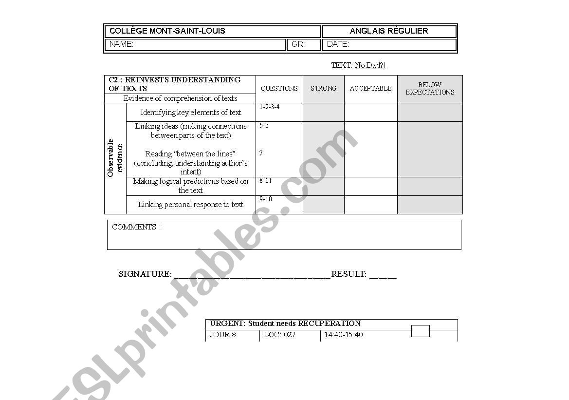 EVALUATION GRID-RUBRICS  for READING COMPREHENSION