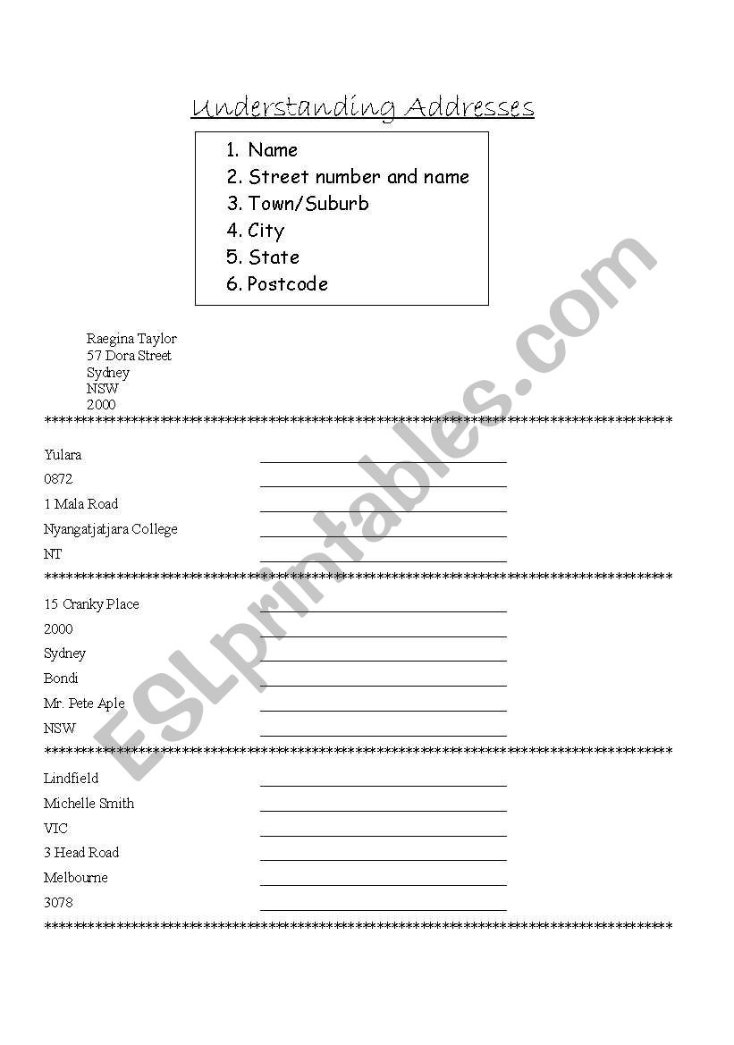 Understanding Addresses worksheet