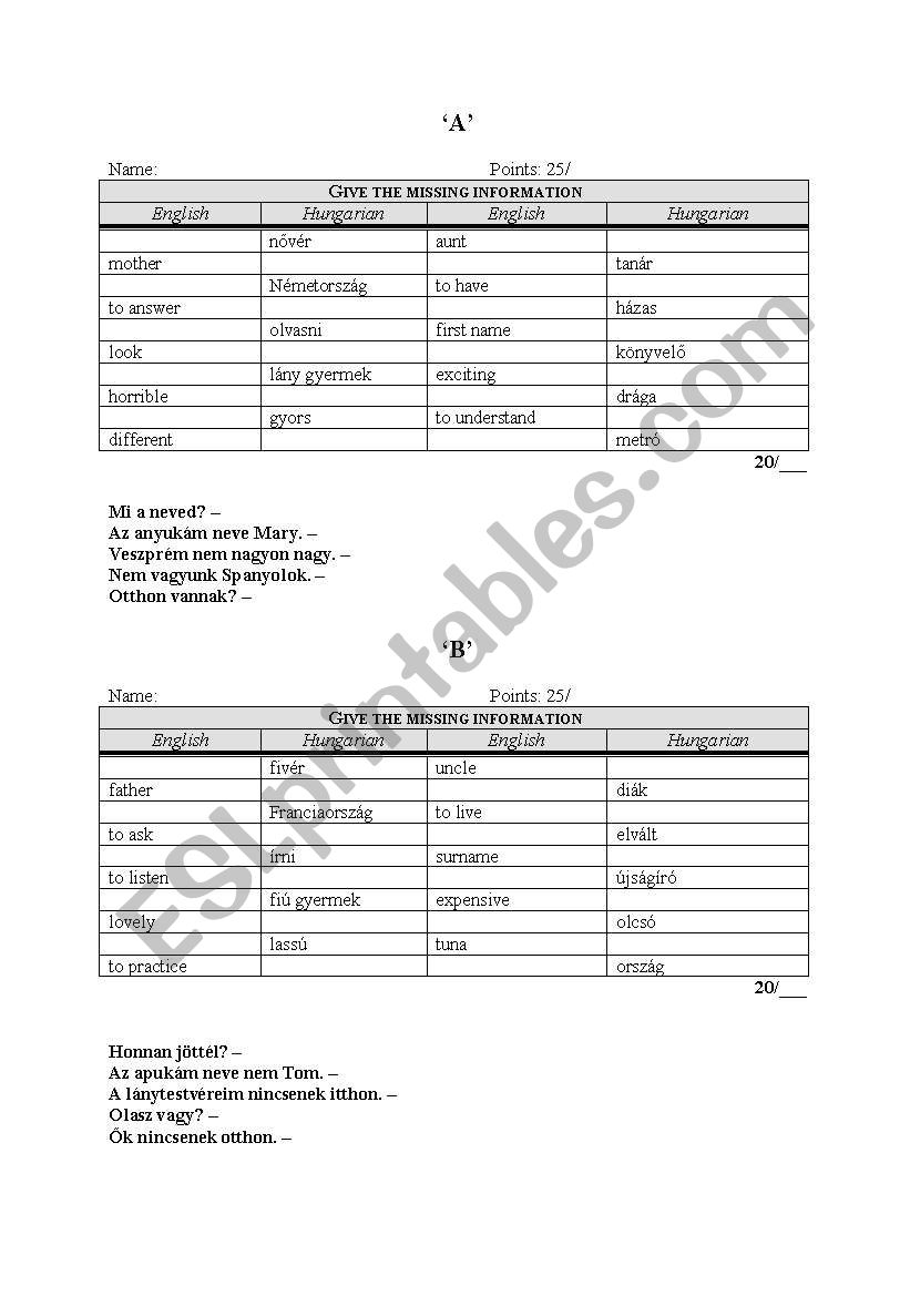 Elementary vocab test (group A and B)