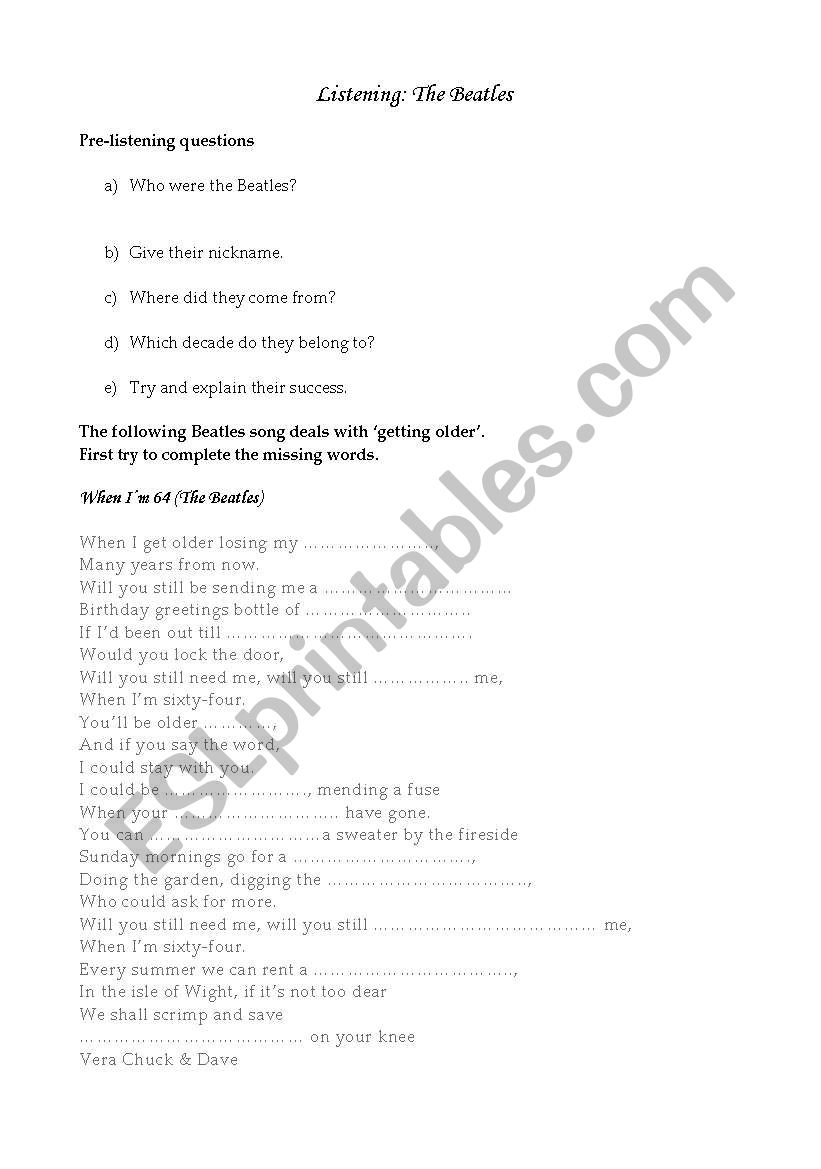 Song: when Im 64 worksheet