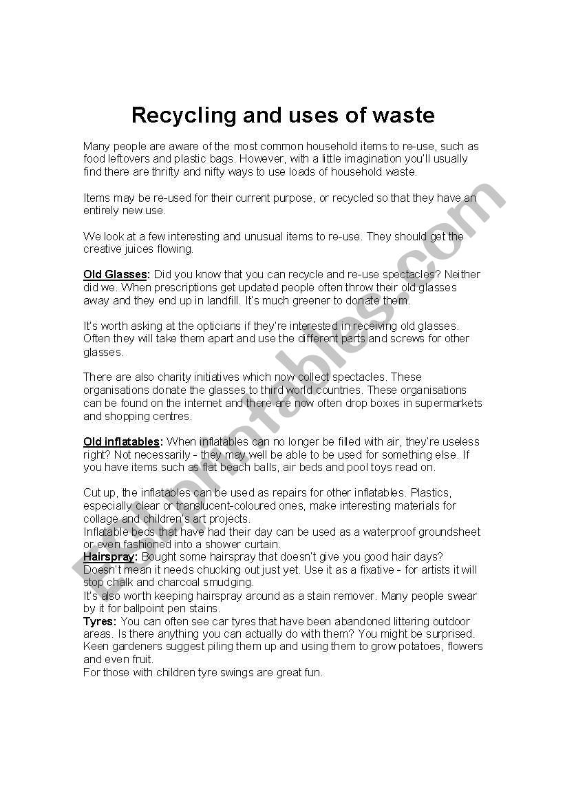 Recycling and uses of waste worksheet