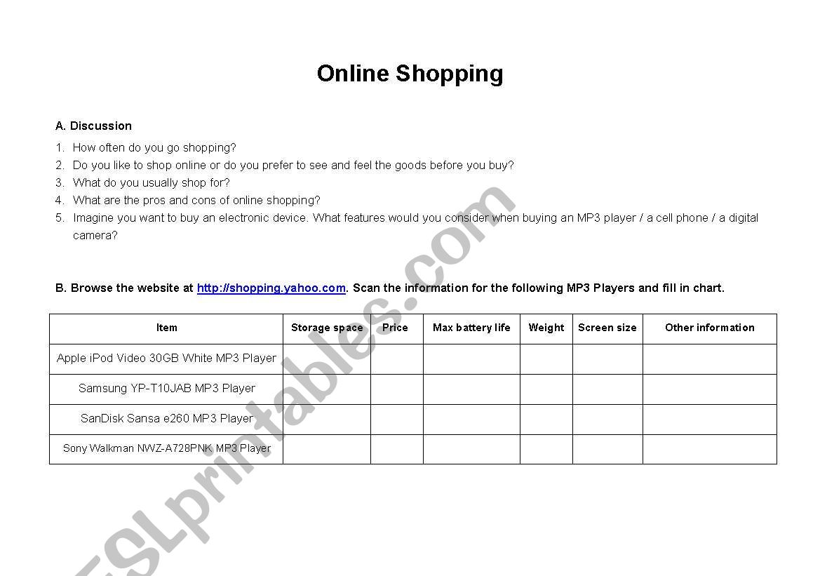 Online shopping activity - scanning skill