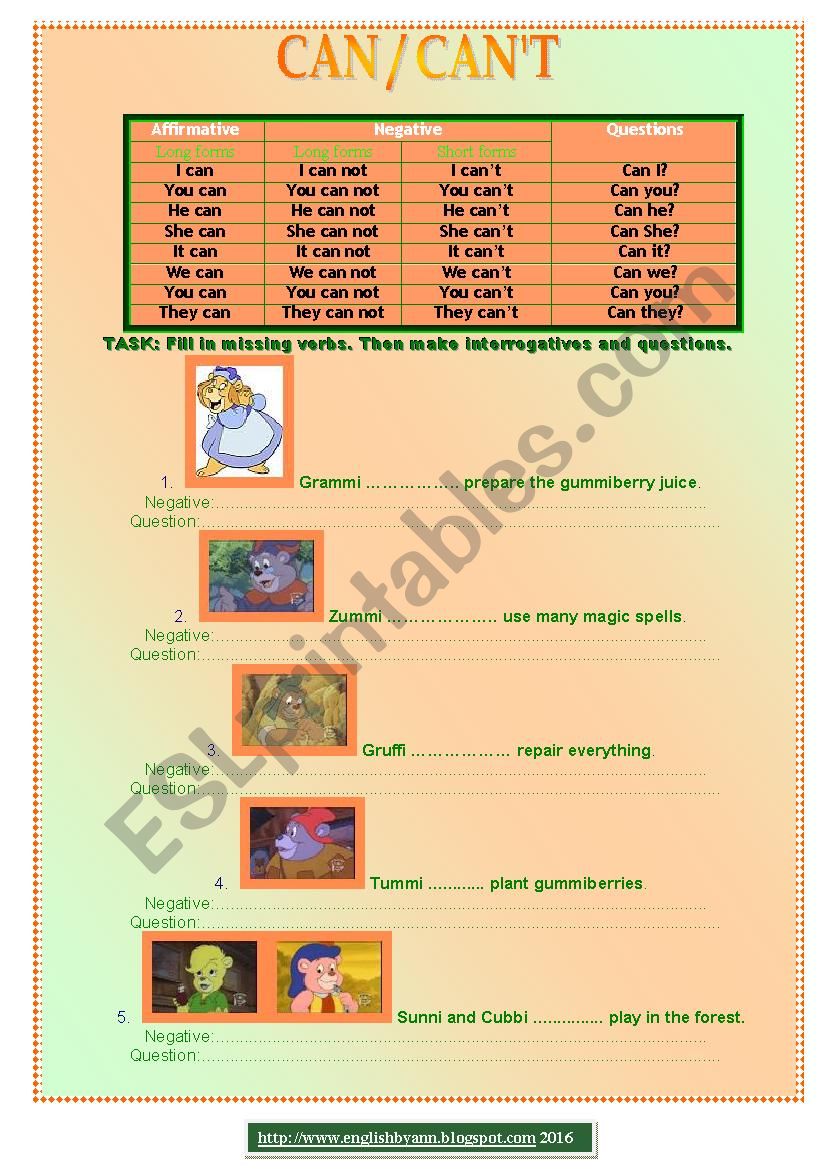 CAN / CANT - verb explanation and exercise wth Gummi Bears