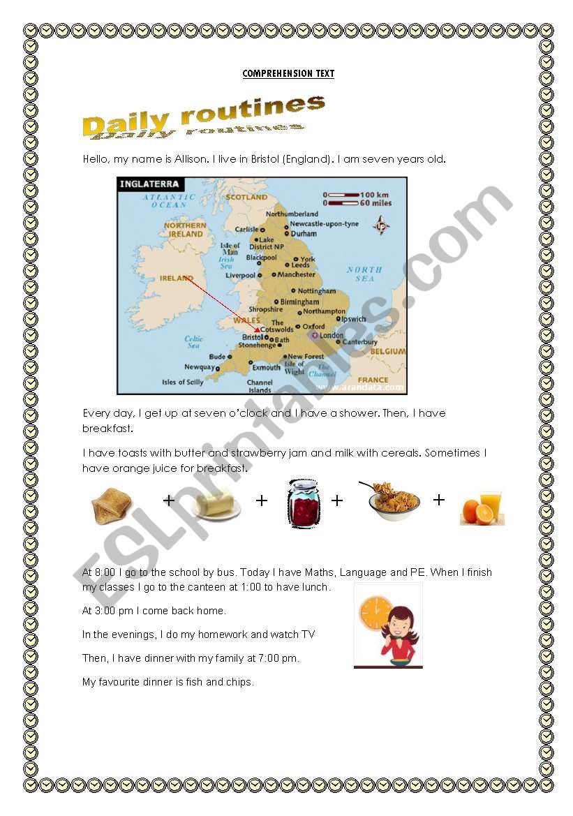 comprehension text about english routines (2 pages included)