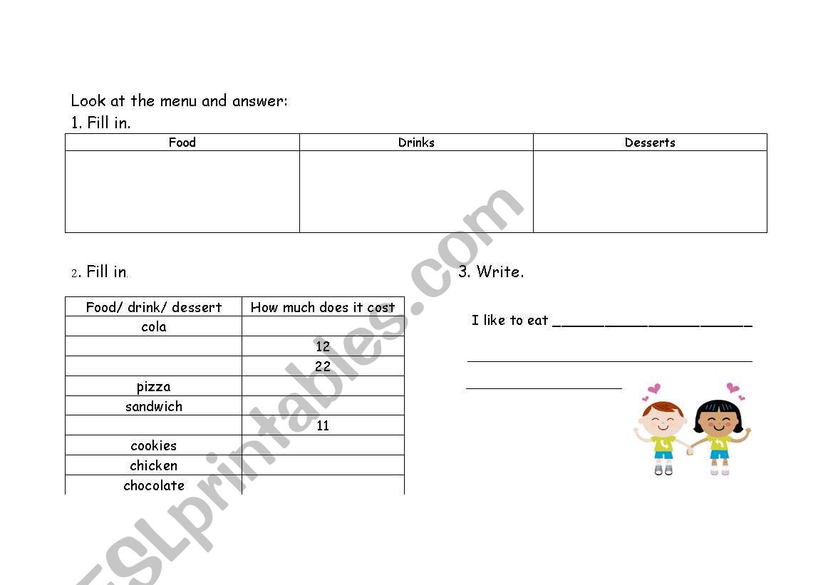 menu worksheet