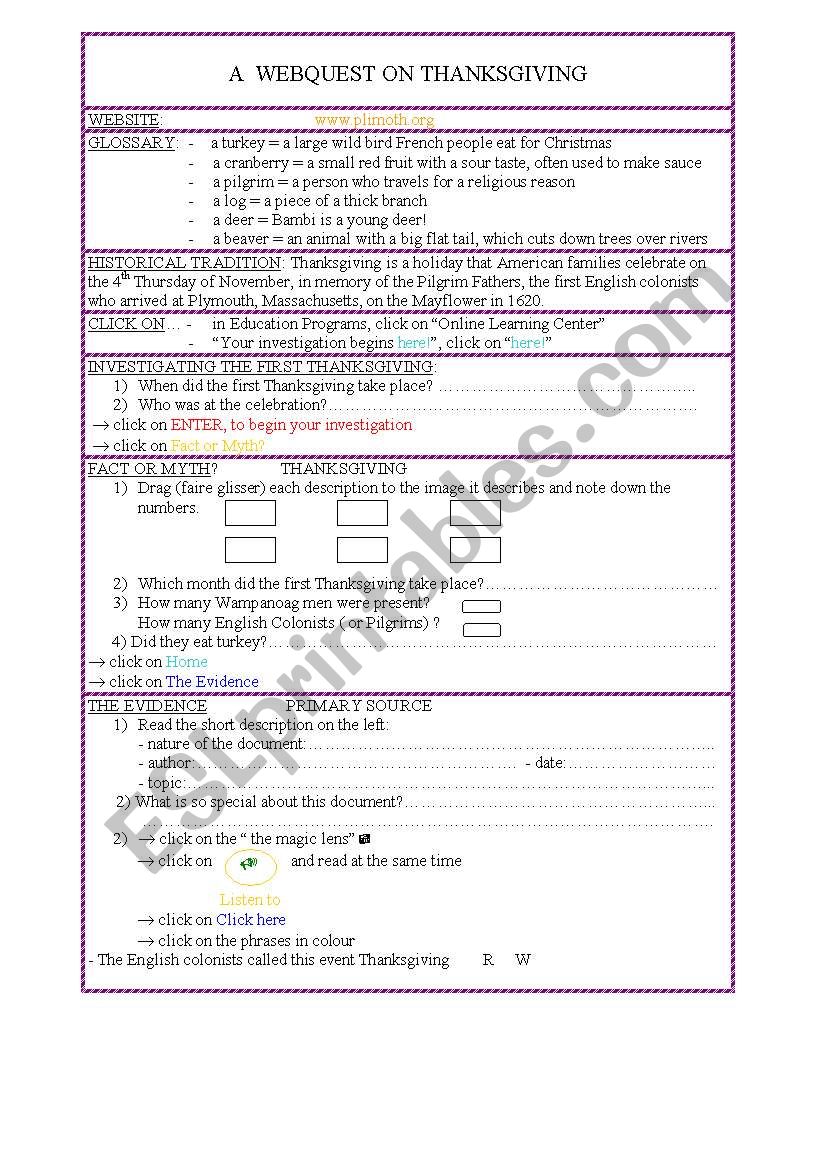 Webquest on Thanksgiving worksheet