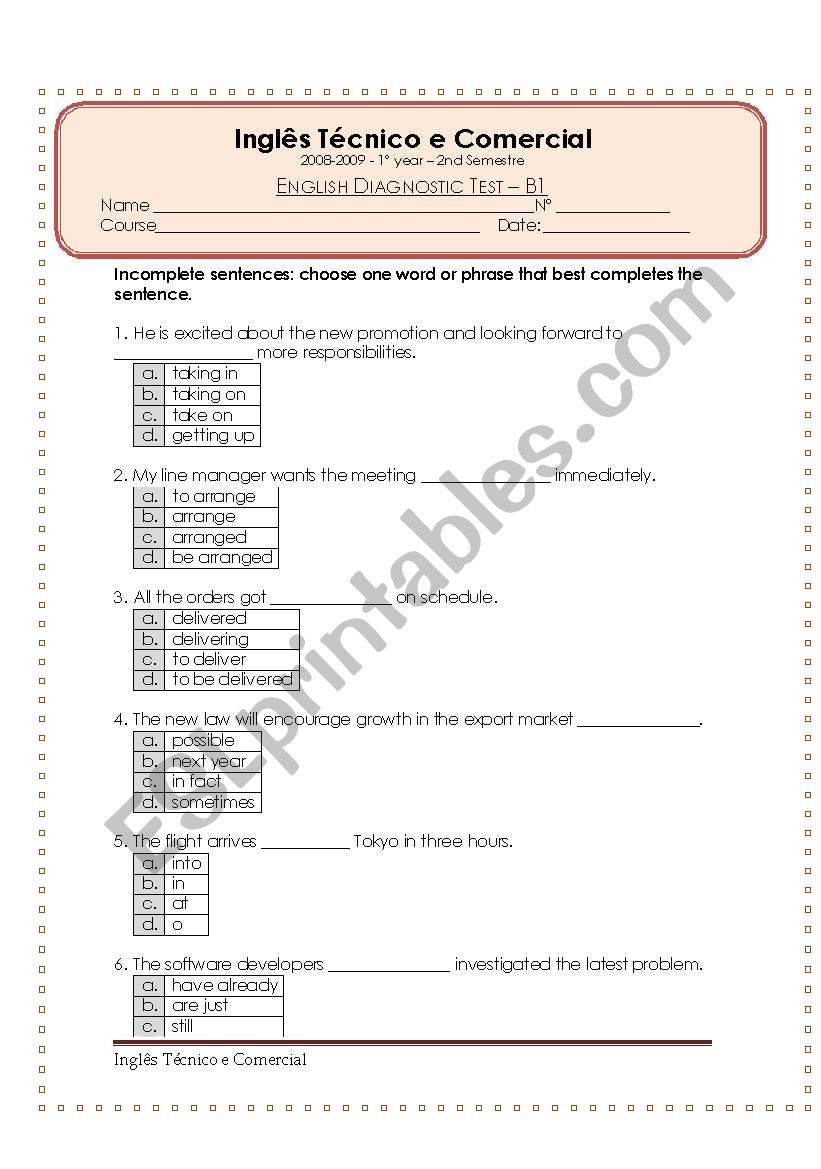 English Diagnostic Test worksheet