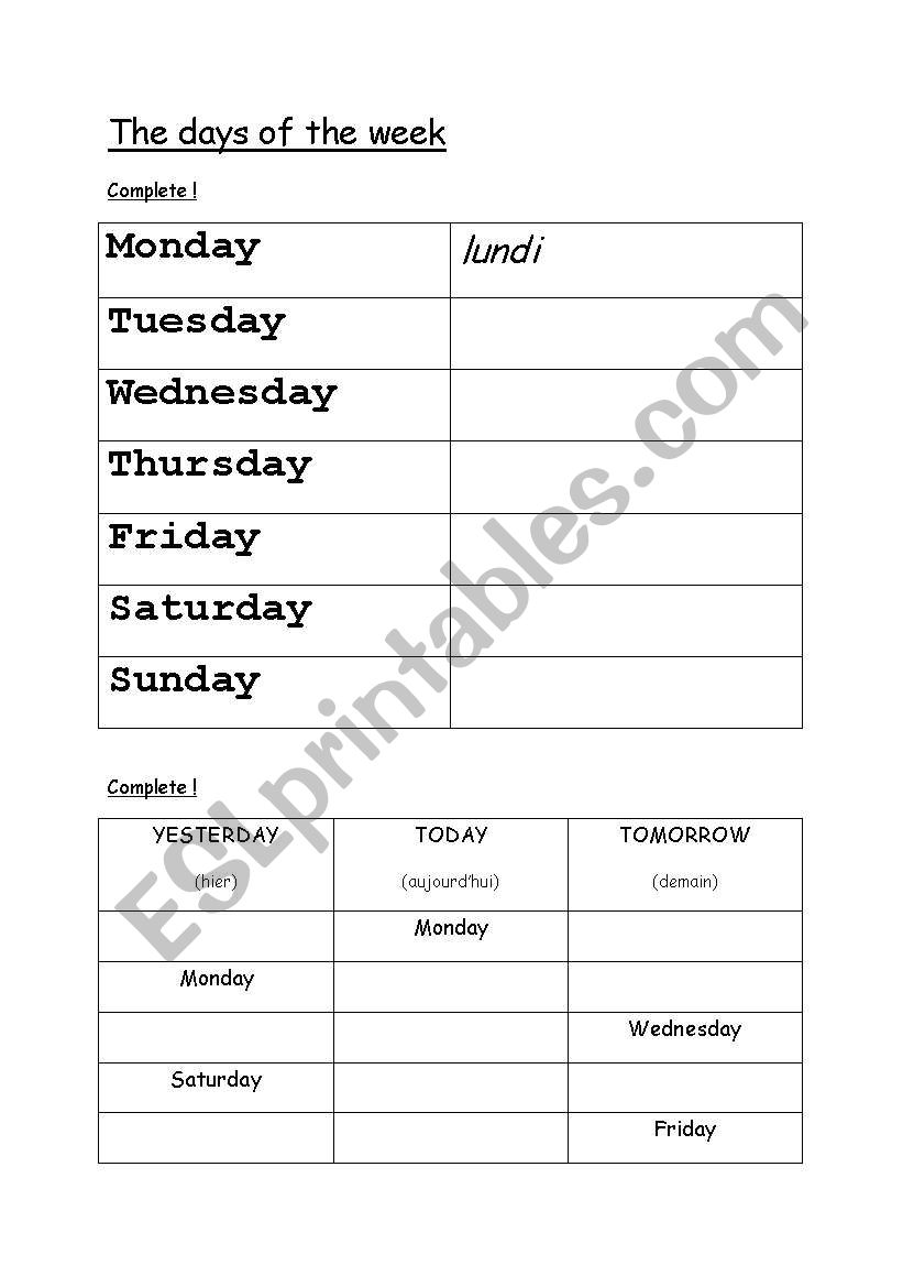 Days of the week  worksheet
