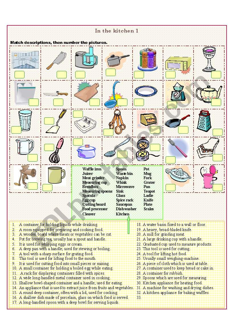 In the kitchen match worksheet