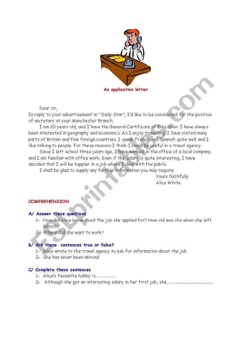 an application letter worksheet