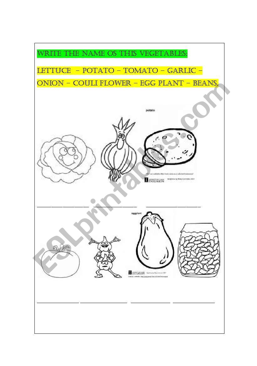 vegetables worksheet